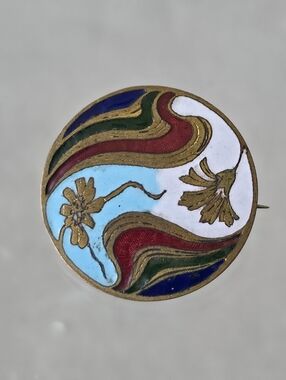 Vintage Art Nuevo Enamel Brooch Colorful Pin C Clasp